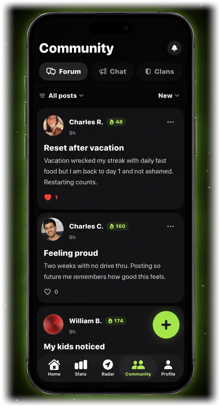 NOPE community screen showing forum posts and support from other members quitting fast food.