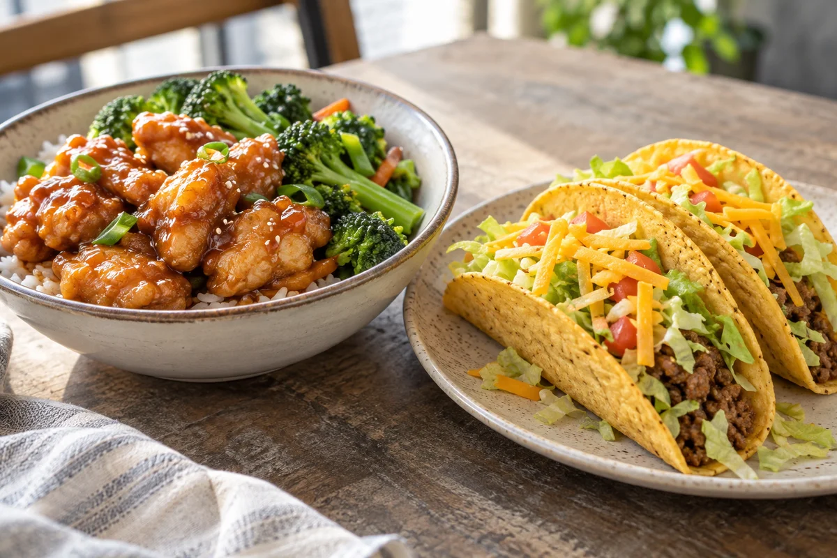 Orange chicken with rice beside a burger