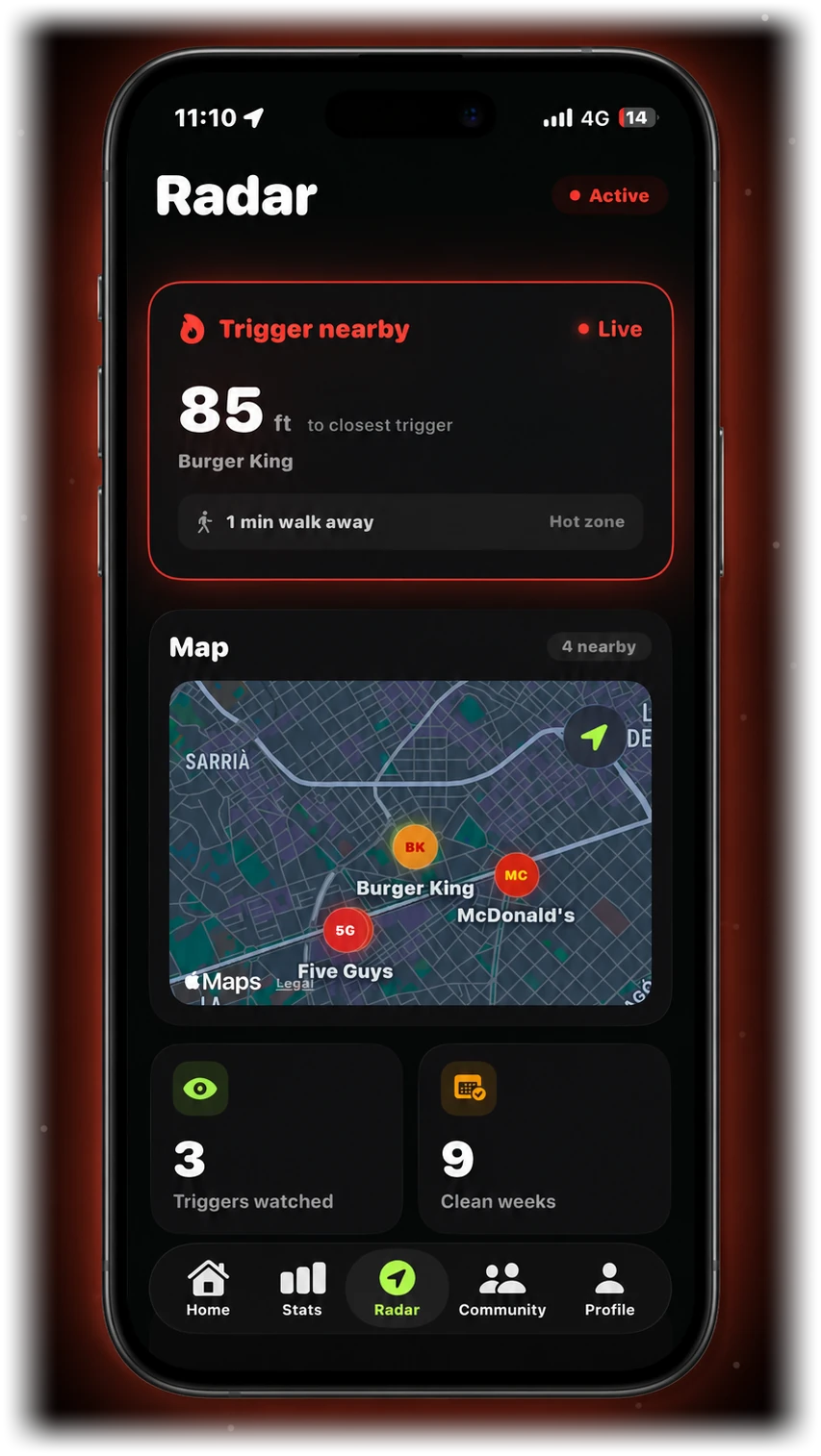 NOPE Radar screen warning that Burger King is 85 feet away, with a live map of nearby places to avoid.