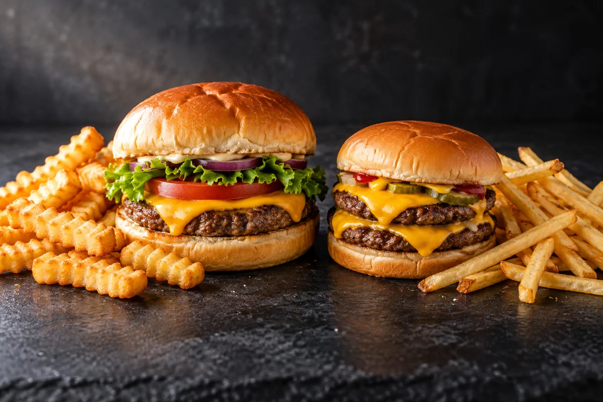 Several burgers lined up