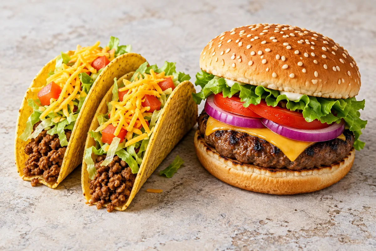 Illustrative beef tacos beside a burger with lettuce and tomato on a pale stone table